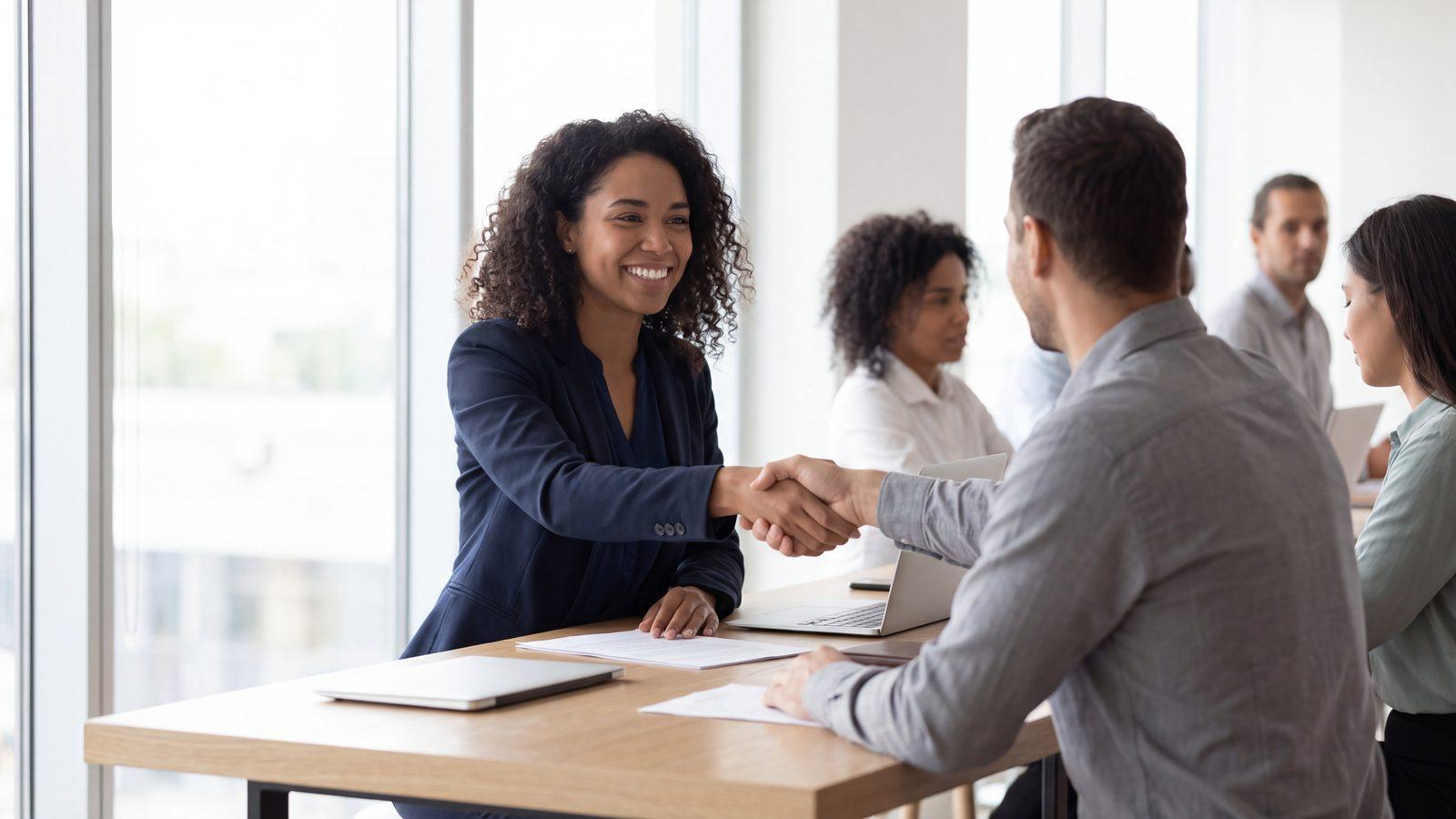 A confident young woman shaking hands at a job interview