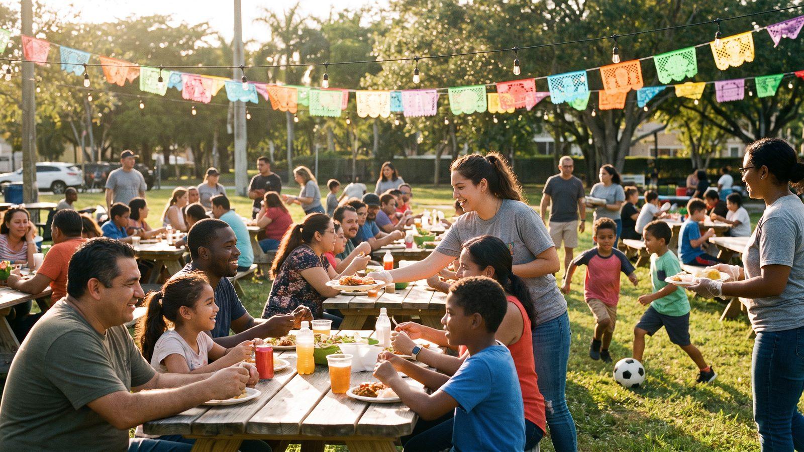 Families gathered at a lively community event in a Miami park